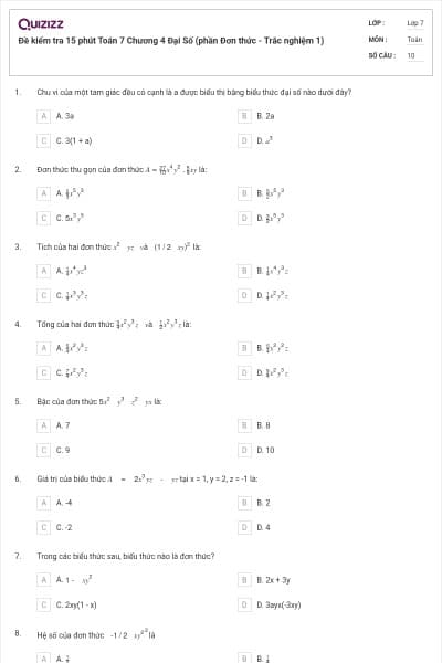 Đề kiểm tra 15 phút Toán 7 Chương 4 Đại Số (phần Đơn thức - Trắc nghiệm 1)