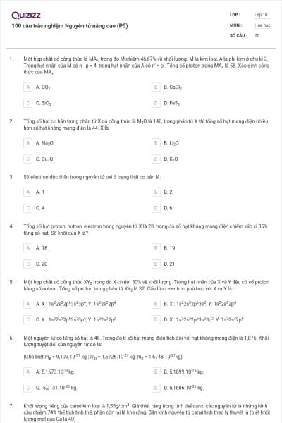 100 câu trắc nghiệm Nguyên tử nâng cao (P5)