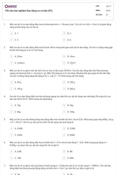 150 câu trắc nghiệm Dao động cơ cơ bản (P3)