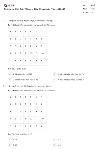 Đề kiểm tra 1 tiết Toán 7 Chương 3 Đại Số có đáp án (Trắc nghiệm 2)