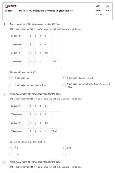 Đề kiểm tra 1 tiết Toán 7 Chương 3 Đại Số có đáp án (Trắc nghiệm 3)