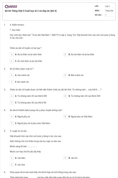 Đề thi Tiếng Việt 5 Cuối học kì 2 có đáp án (Đề 4)
