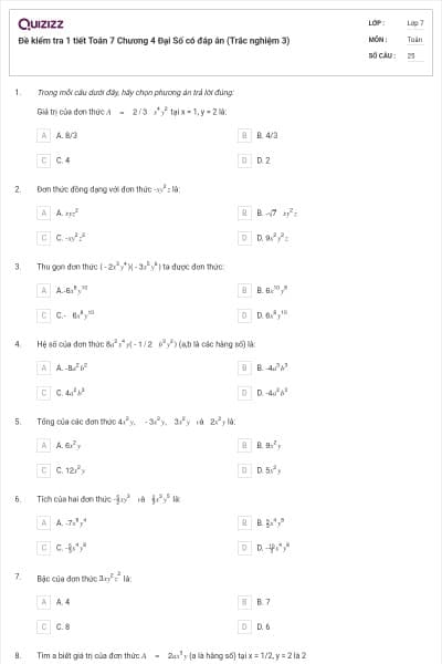 Đề kiểm tra 1 tiết Toán 7 Chương 4 Đại Số có đáp án (Trắc nghiệm 3)