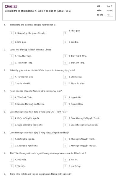 Đề kiểm tra 15 phút Lịch Sử 7 Học kì 1 có đáp án (Lần 2 - Đề 3)