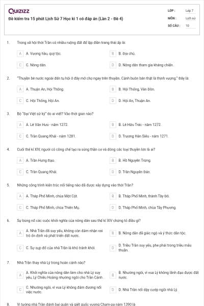 Đề kiểm tra 15 phút Lịch Sử 7 Học kì 1 có đáp án (Lần 2 - Đề 4)