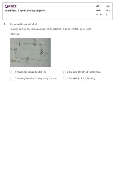 Đề thi Vật Lí 7 học kì 2 có đáp án (Đề 5)