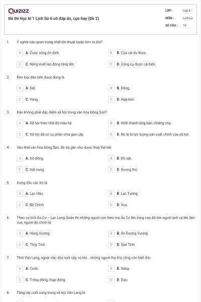 Đề thi Học kì 1 Lịch Sử 6 có đáp án, cực hay (Đề 2)