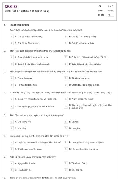 Đề thi Học kì 1 Lịch Sử 7 có đáp án (Đề 2)