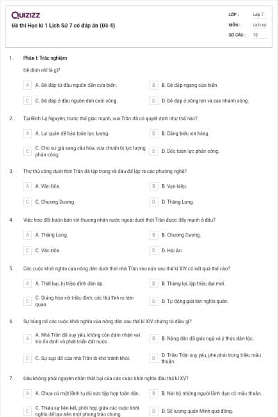 Đề thi Học kì 1 Lịch Sử 7 có đáp án (Đề 4)