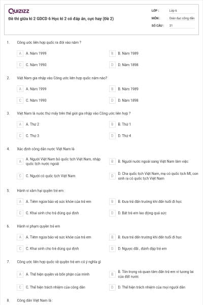 Đề thi giữa kì 2 GDCD 6 Học kì 2 có đáp án, cực hay (Đề 2)