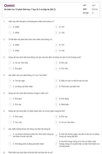 Đề kiểm tra 15 phút Sinh học 7 học kì 2 có đáp án (Đề 2)