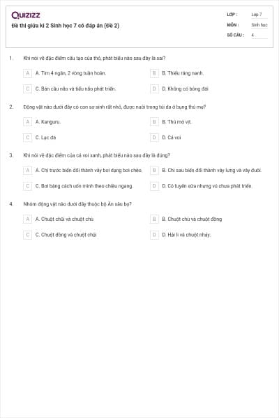 Đề thi giữa kì 2 Sinh học 7 có đáp án (Đề 2)