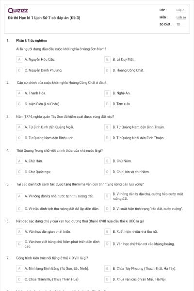 Đề thi Học kì 1 Lịch Sử 7 có đáp án (Đề 3)
