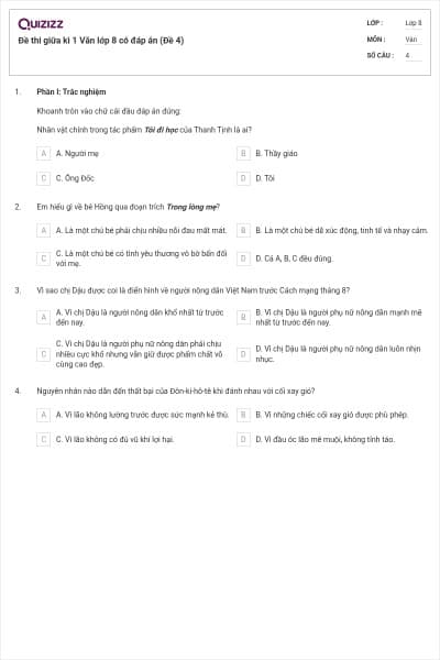 Đề thi giữa kì 1 Văn lớp 8 có đáp án (Đề 4)