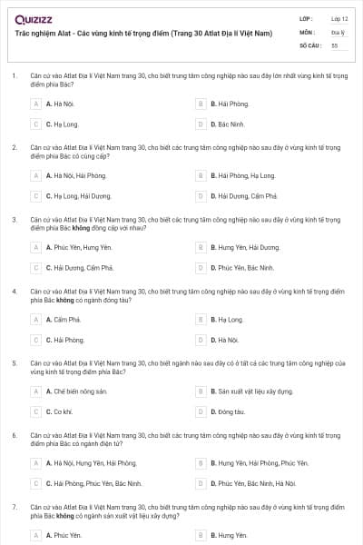 Trắc nghiệm Alat - Các vùng kinh tế trọng điểm (Trang 30 Atlat Địa lí Việt Nam)