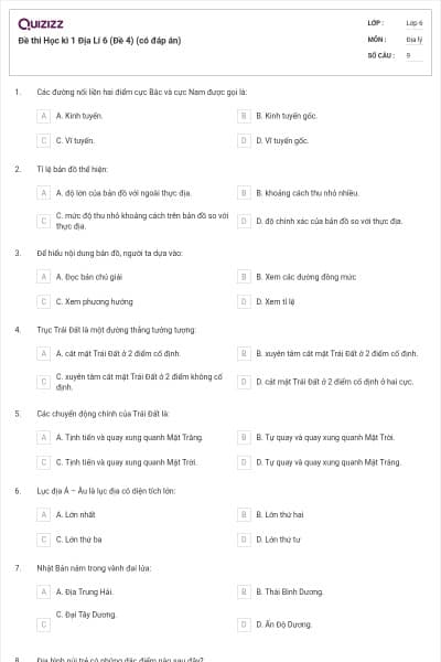 Đề thi Học kì 1 Địa Lí 6 (Đề 4) (có đáp án)