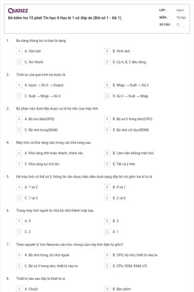 Đề kiểm tra 15 phút Tin học 6 Học kì 1 có đáp án (Bài số 1 - Đề 1)