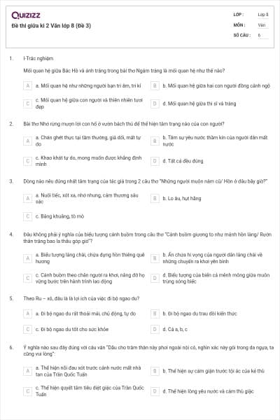 Đề thi giữa kì 2 Văn lớp 8 (Đề 3)