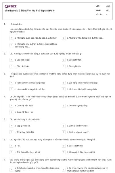 Đề thi giữa kì 2 Tiếng Việt lớp 8 có đáp án (Đề 3)