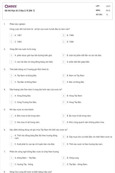 Đề thi Học kì 2 Địa Lí 8 (Đề 1)