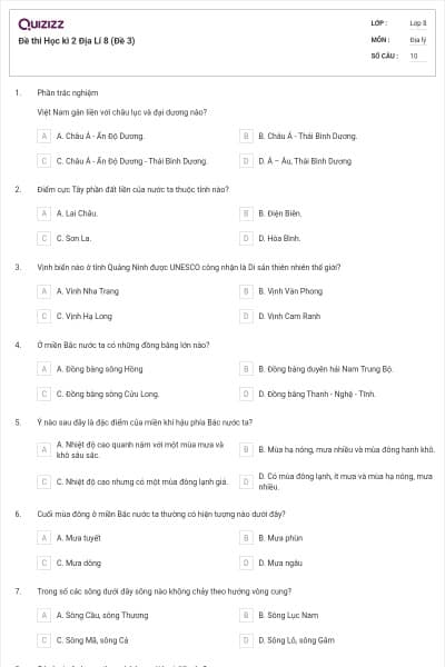 Đề thi Học kì 2 Địa Lí 8 (Đề 3)