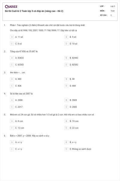 Đề thi Cuối kì 2 Toán lớp 3 có đáp án (nâng cao - Đề 2)