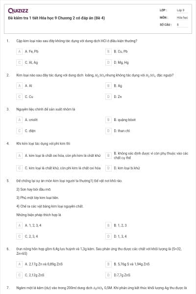 Đề kiểm tra 1 tiết Hóa học 9 Chương 2 có đáp án (Đề 4)