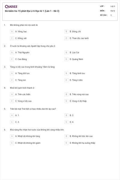 Đề kiểm tra 15 phút Địa Lí 6 Học kì 1 (Lần 1 - Đề 3)