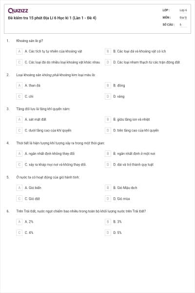 Đề kiểm tra 15 phút Địa Lí 6 Học kì 1 (Lần 1 - Đề 4)