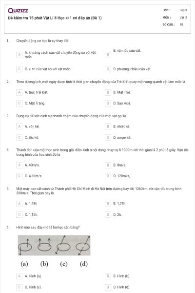 Đề kiểm tra 15 phút Vật Lí 8 Học kì 1 có đáp án (Đề 1)