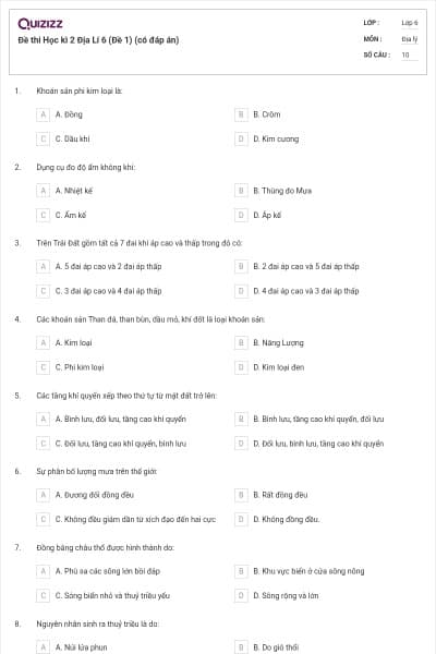 Đề thi Học kì 2 Địa Lí 6 (Đề 1) (có đáp án)