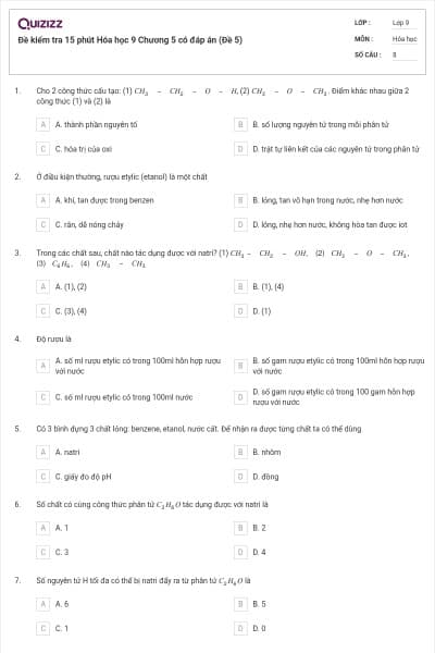 Đề kiểm tra 15 phút Hóa học 9 Chương 5 có đáp án (Đề 5)