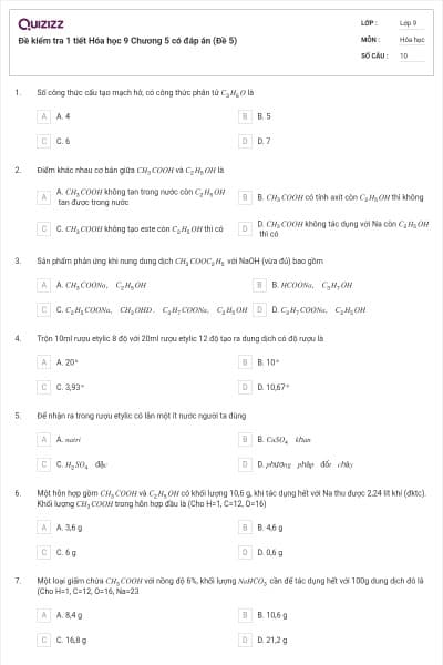 Đề kiểm tra 1 tiết Hóa học 9 Chương 5 có đáp án (Đề 5)