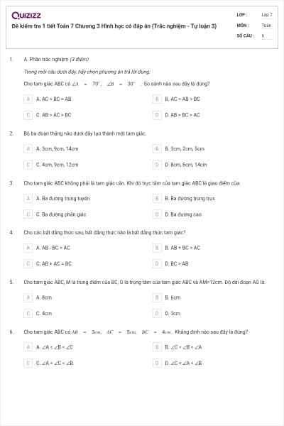 Đề kiểm tra 1 tiết Toán 7 Chương 3 Hình học có đáp án (Trắc nghiệm - Tự luận 3)