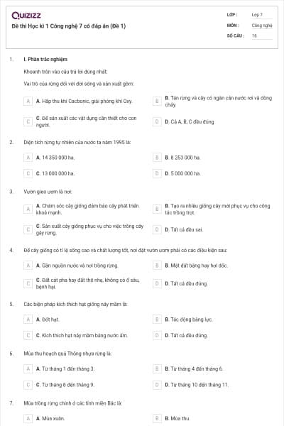 Đề thi Học kì 1 Công nghệ 7 có đáp án (Đề 1)