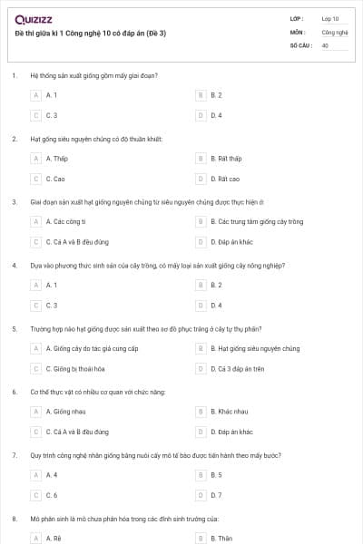 Đề thi giữa kì 1 Công nghệ 10 có đáp án (Đề 3)