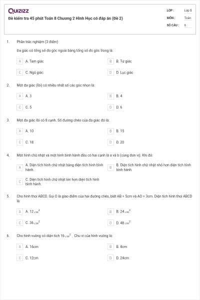 Đề kiểm tra 45 phút Toán 8 Chương 2 Hình Học có đáp án (Đề 2)