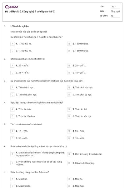 Đề thi Học kì 2 Công nghệ 7 có đáp án (Đề 3)