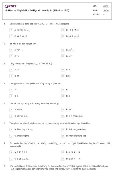 Đề kiểm tra 15 phút Hóa 10 Học kì 1 có đáp án (Bài số 2 - Đề 3)