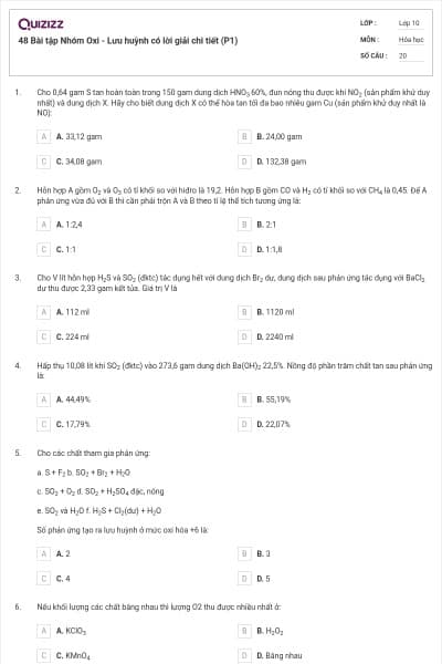 48 Bài tập Nhóm Oxi - Lưu huỳnh có lời giải chi tiết (P1)
