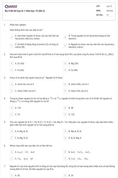 Bộ 4 Đề thi học kì 1 Hóa học 10 (Đề 2)