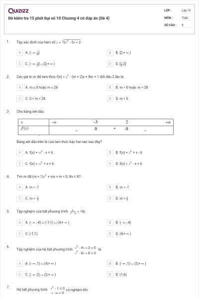 Đề kiểm tra 15 phút Đại số 10 Chương 4 có đáp án (Đề 4)