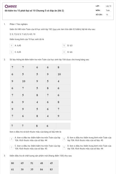 Đề kiểm tra 15 phút Đại số 10 Chương 5 có đáp án (Đề 2)