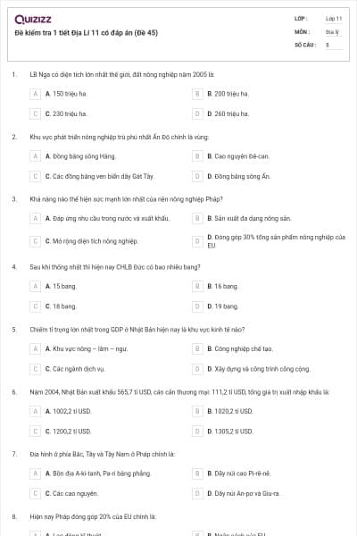 Đề kiểm tra 1 tiết Địa Lí 11 có đáp án (Đề 45)