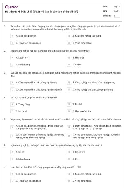 Đề thi giữa kì 2 Địa Lí 10 (Đề 2) (có đáp án và thang điểm chi tiết)