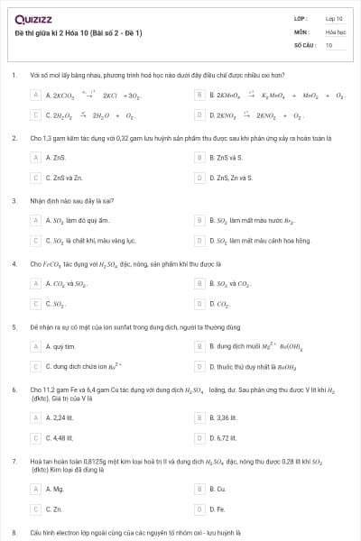Đề thi giữa kì 2 Hóa 10 (Bài số 2 - Đề 1)