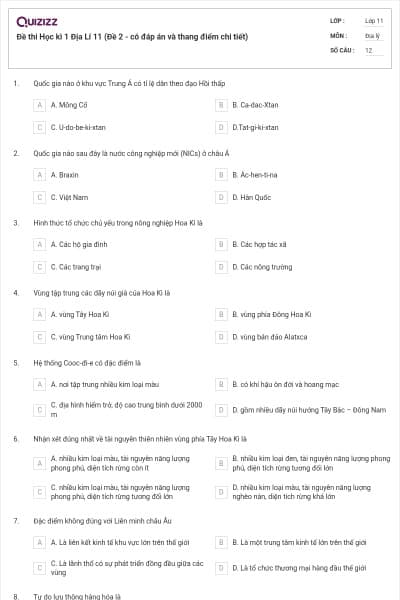 Đề thi Học kì 1 Địa Lí 11 (Đề 2 - có đáp án và thang điểm chi tiết)