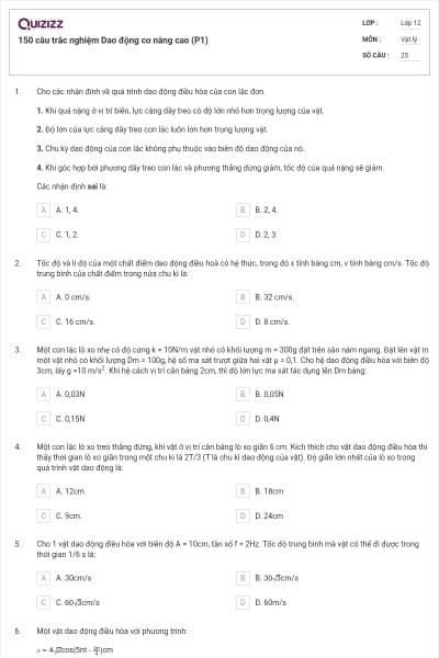 150 câu trắc nghiệm Dao động cơ nâng cao (P1)