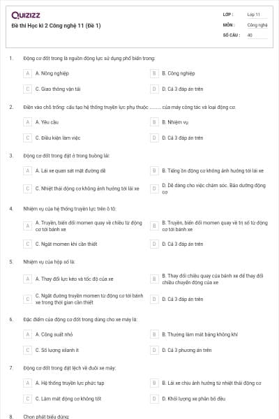 Đề thi Học kì 2 Công nghệ 11 (Đề 1)