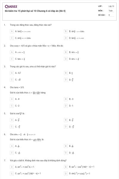Đề kiểm tra 15 phút Đại số 10 Chương 6 có đáp án (Đề 4)